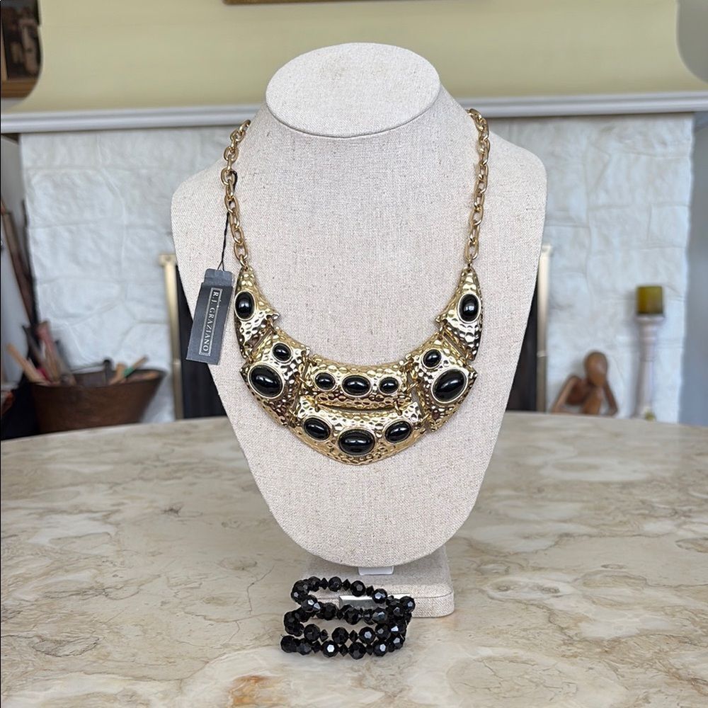 NWT R. J. Graciano Gold Tone & Black Stones Necklace & Bonus Bracelet